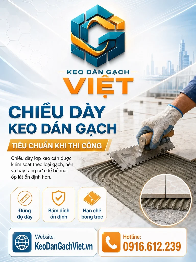 Thợ thi công kiểm tra chiều dày keo dán gạch bằng bay răng cưa
