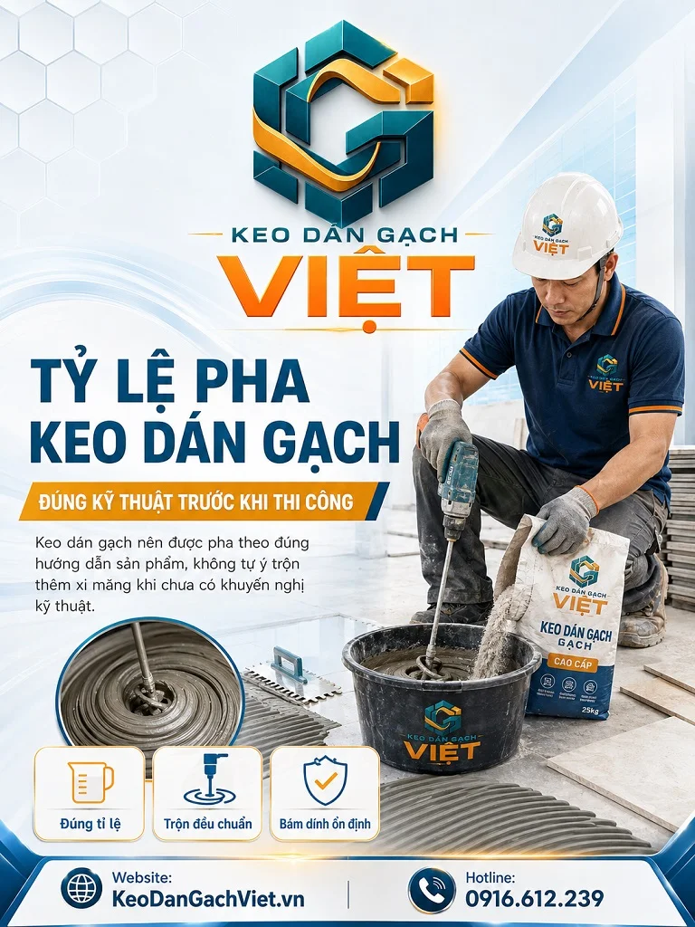 Thợ chuẩn bị pha keo dán gạch đúng kỹ thuật trước khi thi công
