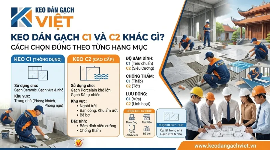 Keo dán gạch C1 C2 khác gì và cách chọn đúng theo từng hạng mục