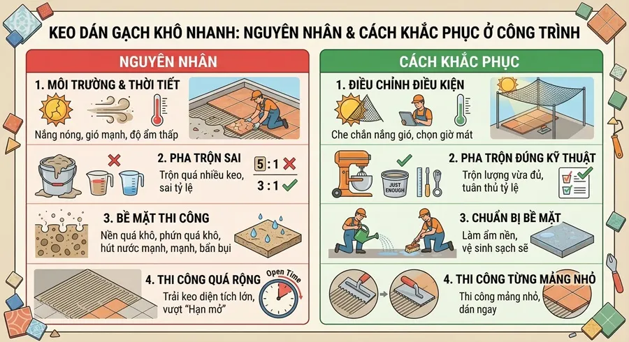 Keo dán gạch khô nhanh nguyên nhân và cách khắc phục ở công trình
