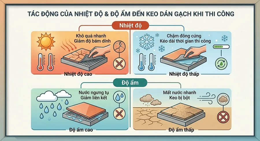Nhiệt độ, độ ẩm ảnh hưởng gì đến keo dán gạch khi thi công chuẩn
